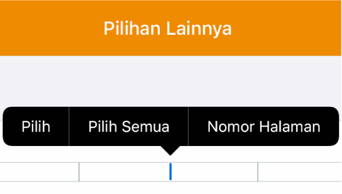 Tiga bidang header dengan titik penyisipan di tengah dan menu pop-up menampilkan Nomor Halaman.