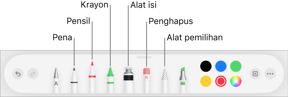 Bar alat gambar dengan alat pena, pensil, krayon, isi, penghapus, alat pemilihan, dan bidang warna yang menampilkan warna saat ini.
