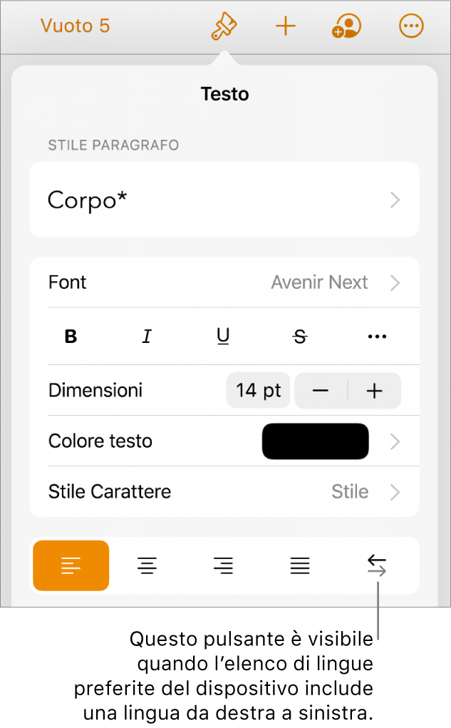 Controlli del testo nel menu Formato con una didascalia che indica il pulsante “Da destra a sinistra”.