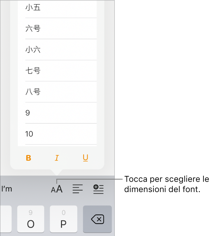 Il pulsante “Dimensione font” sul lato destro della tastiera di iPad, con il menu “Dimensione font” aperto. Le dimensioni del font standard governative della Cina continentale vengono visualizzate nella parte superiore del menu, con sotto le dimensioni in punti.