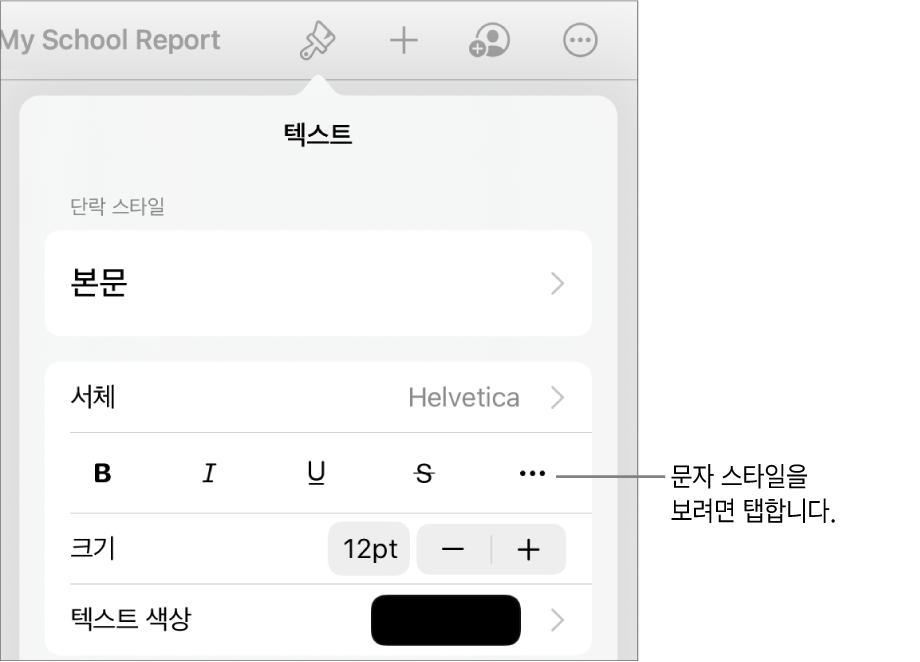 상단에 단락 스타일이 있고 그 아래에 서체 제어기가 있는 포맷 제어기. 서체 아래에는 볼드체, 이탤릭체, 밑줄체, 취소선 및 추가 텍스트 옵션 버튼이 있음.