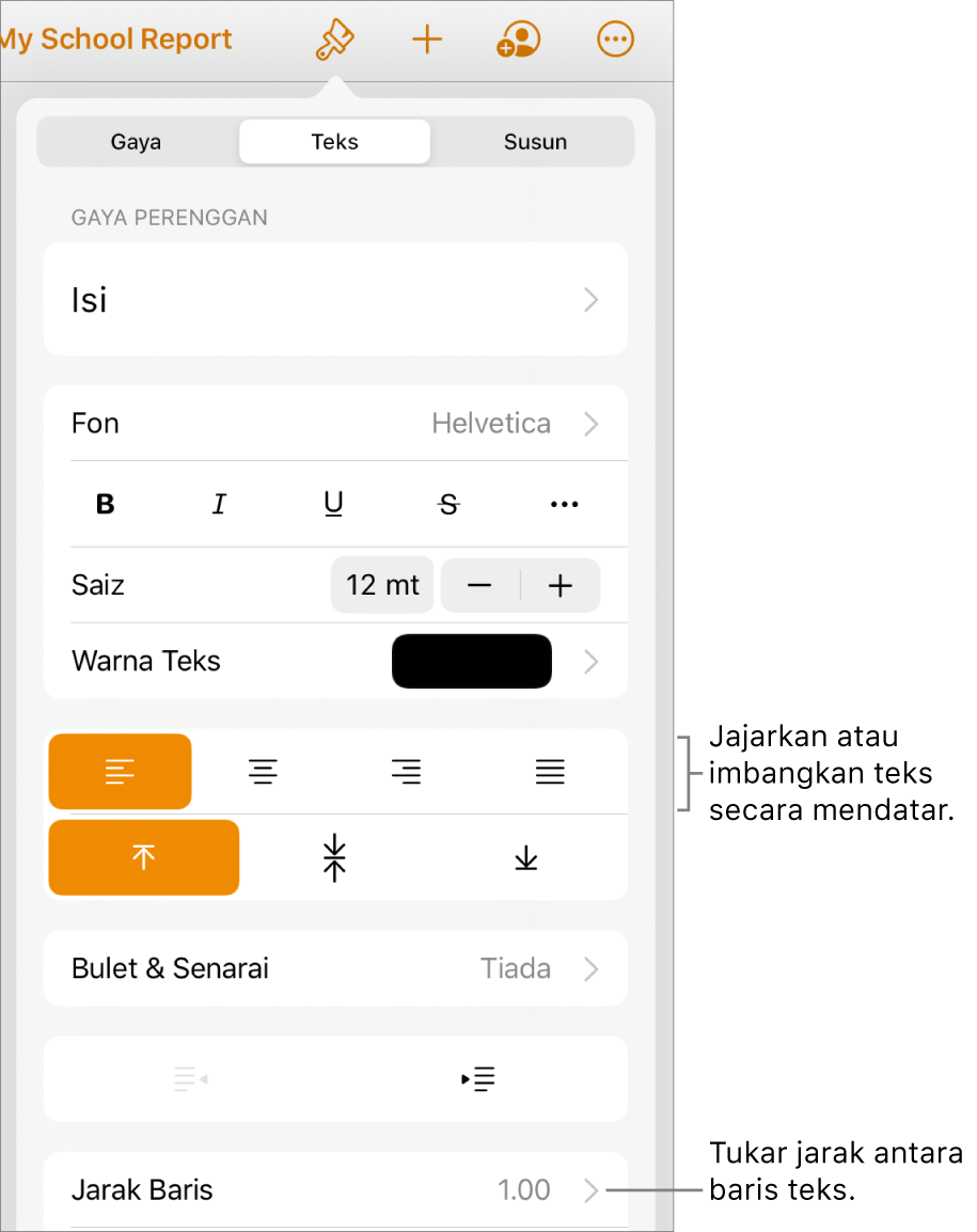 Butang kawalan Format dengan tab Teks dipilih dan petak bual ke butang penjajaran teks dan item menu Jarak Baris.