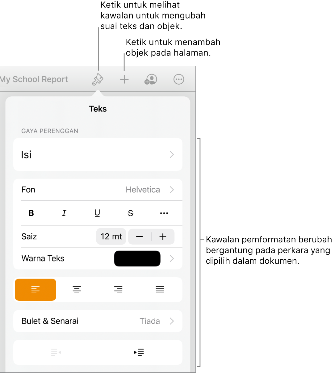 Kawalan Format terbuka dan menunjukkan kawalan untuk menukar gaya perenggan, mengubah suai fon dan memformat jarak fon. Petak bual di bahagian atas menunjukkan butang Format dalam bar alat dan di sebelah kanannya, butang Masukkan untuk menambah objek pada halaman.