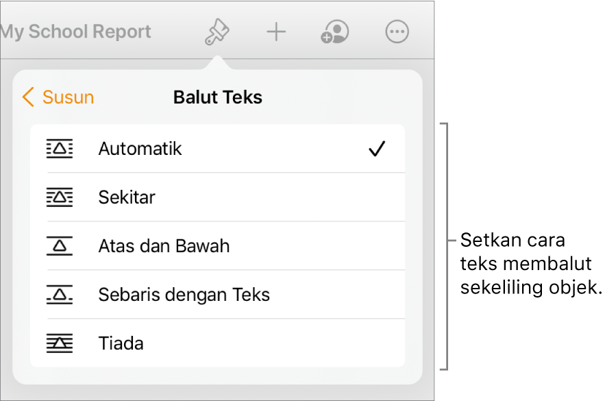 Kawalan Format dengan tab Susun dipilih. Di bawahnya ialah kawalan Balut Teks dengan Bergerak ke Belakang/Depan, Alihkan dengan Teks dan Balut Teks.