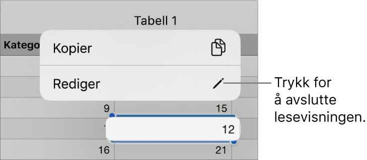 En tabellcelle er markert, og over den vises en meny med knappene Kopier og Rediger.
