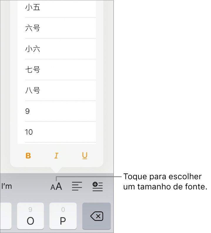 Botão Tamanho de Fonte no lado direito do teclado do iPad com o menu Tamanho de Fonte aberto. Os tamanhos de fonte padrão do governo da China continental aparecem na parte superior do menu com as opções de tamanho em pontos abaixo.