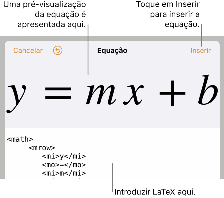 A fórmula quadrática escrita com recurso a LaTeX no campo da Equação e uma pré-visualização da equação em baixo.