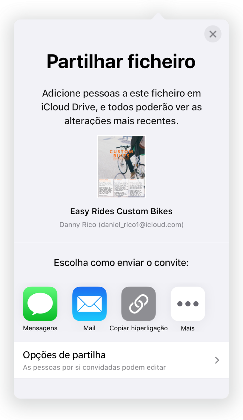 O ecrã “Adicionar pessoas” a mostrar uma imagem do documento a ser partilhado. Por baixo encontram botões para formas de enviar o convite, incluindo Mail, “Copiar hiperligação” e Mais. Na parte inferior encontra-se o botão “Opções de partilha”.
