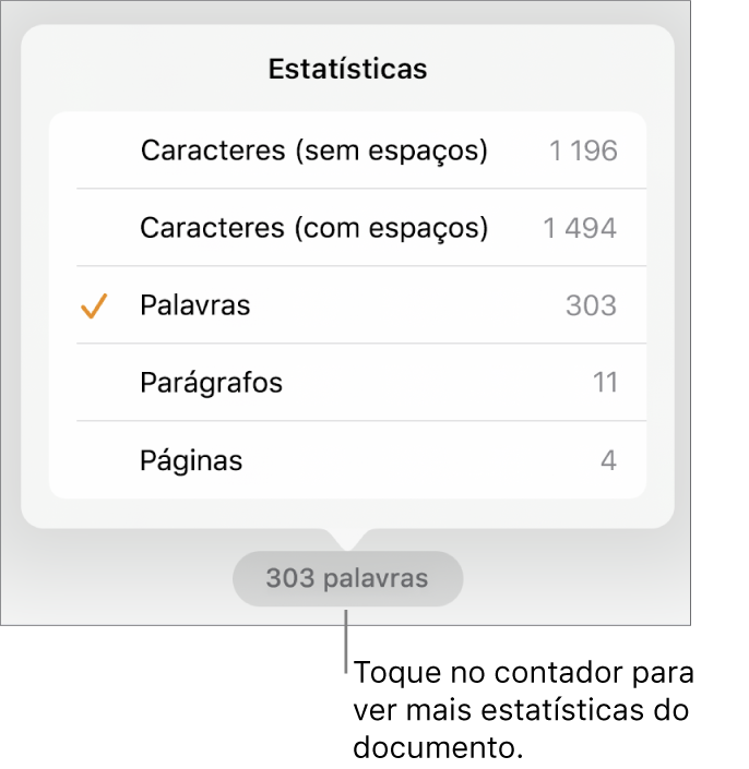 O contador de palavras com um menu que apresenta opções para mostrar o número de caracteres com e sem espaços, contagem de palavras, contagem de parágrafos e contagem de páginas.