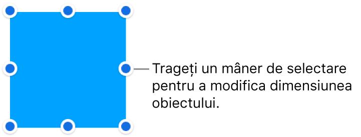 Un obiect cu puncte albastre pe bordură, pentru modificarea dimensiunii acestuia.