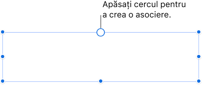 O casetă de text goală cu un cerc alb în partea de sus și mânere de redimensionare în colțuri, pe laterale și în partea de jos.