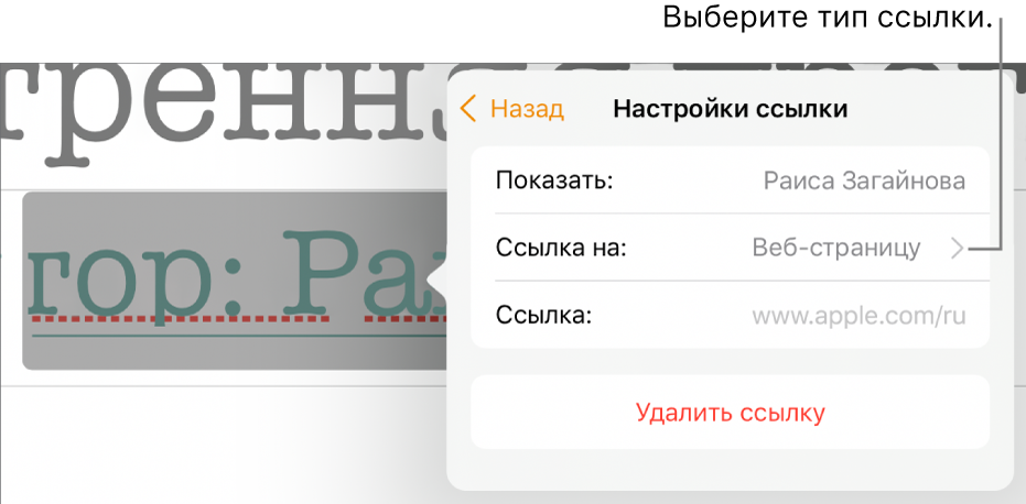 Элементы управления «Настройки ссылки» с полем «Показывать», параметром «Ссылка на» (выбран вариант «Веб-страницу») и полем «Ссылка». Внизу элементов управления находится кнопка «Удалить ссылку».