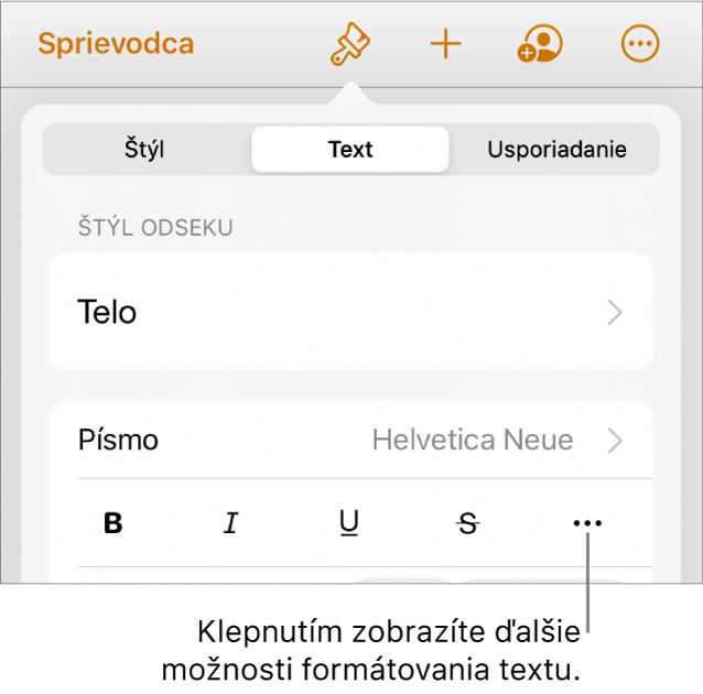 Záložka Text ovládacích prvkov Formát s bublinou pre tlačidlo Ďalšie možnosti textu.