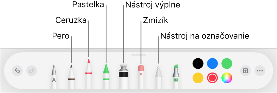 Panel s nástrojmi kreslenia s perom, ceruzkou, pastelkou, výplňou, zmizíkom, nástrojom výberu a vzorkovníkom farieb zobrazujúcim aktuálnu farbu.