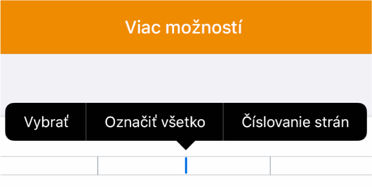 Tri polia hlavičky s kurzorom v strednom poli a vyskakovacie menu zobrazujúce Čísla strán.