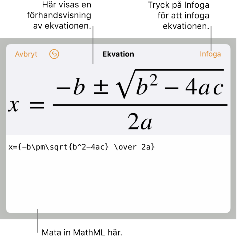 MathML-koden för en ekvation för en linjes lutning och en förhandsvisning av formeln nedanför.