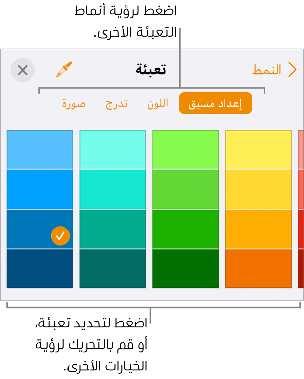 خيارات تعبئة في علامة تبويب النمط الخاص بزر التنسيق.