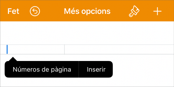 La finestra “Configuració del document” amb el punt d’inserció en un camp de capçalera i un menú desplegable amb dos ítems de menú: Les opcions “Números de pàgina” i Inserir.