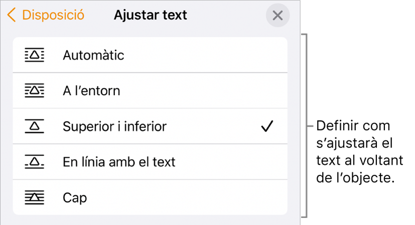 Els controls de l’opció “Ajustar text”, amb les opcions Automàtic, “A l’entorn”, “Superior i inferior”, “En línia amb el text” i Cap.