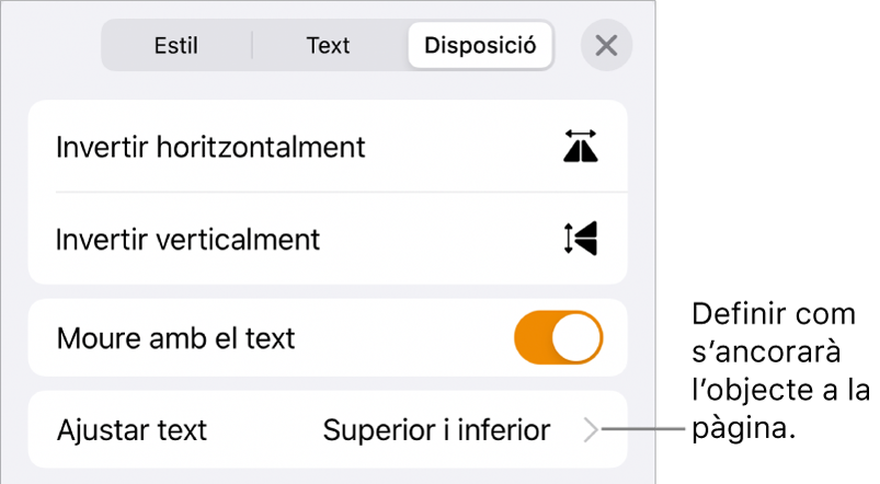 Els controls Disposició, amb “Moure amb text” i “Ajustar text”.