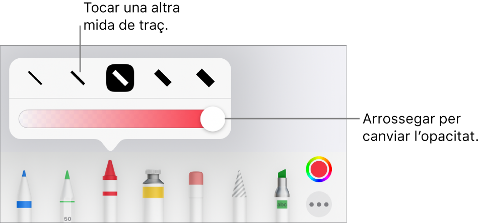 Controls per triar una mida de traç i un regulador per ajustar‑ne l’opacitat.