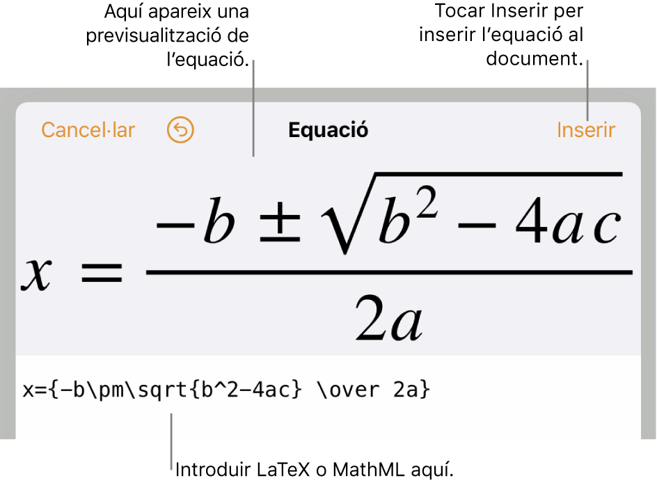 El quadre de diàleg Equació amb la fórmula quadràtica escrita amb les ordres LaTeX i una previsualització de la fórmula al damunt.