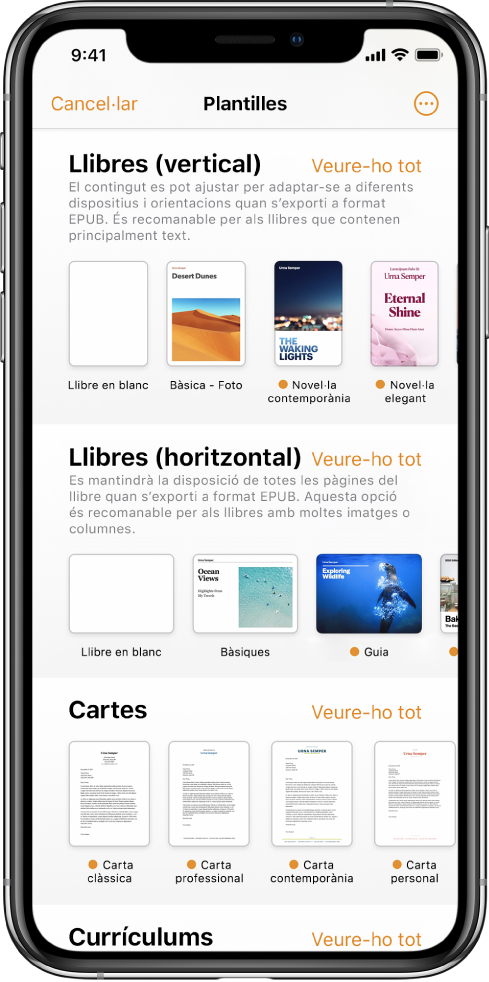 El selector de plantilles amb les plantilles de llibres horitzontals a la part superior i les verticals a la inferior.