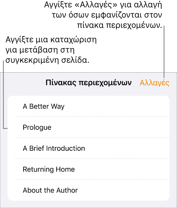 Η προβολή του πίνακα περιεχομένων με τις επικεφαλίδες σε μια λίστα. Ένα κουμπί «Επεξεργασία» στην πάνω δεξιά γωνία και τα κουμπιά «Μικρογραφία σελίδας» και «Πίνακας περιεχομένων» στο κάτω μέρος.