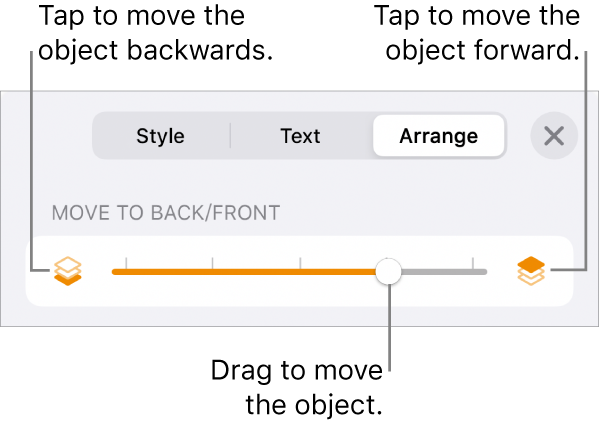 The Move Backward button, the Move Forward button and the layering slider.