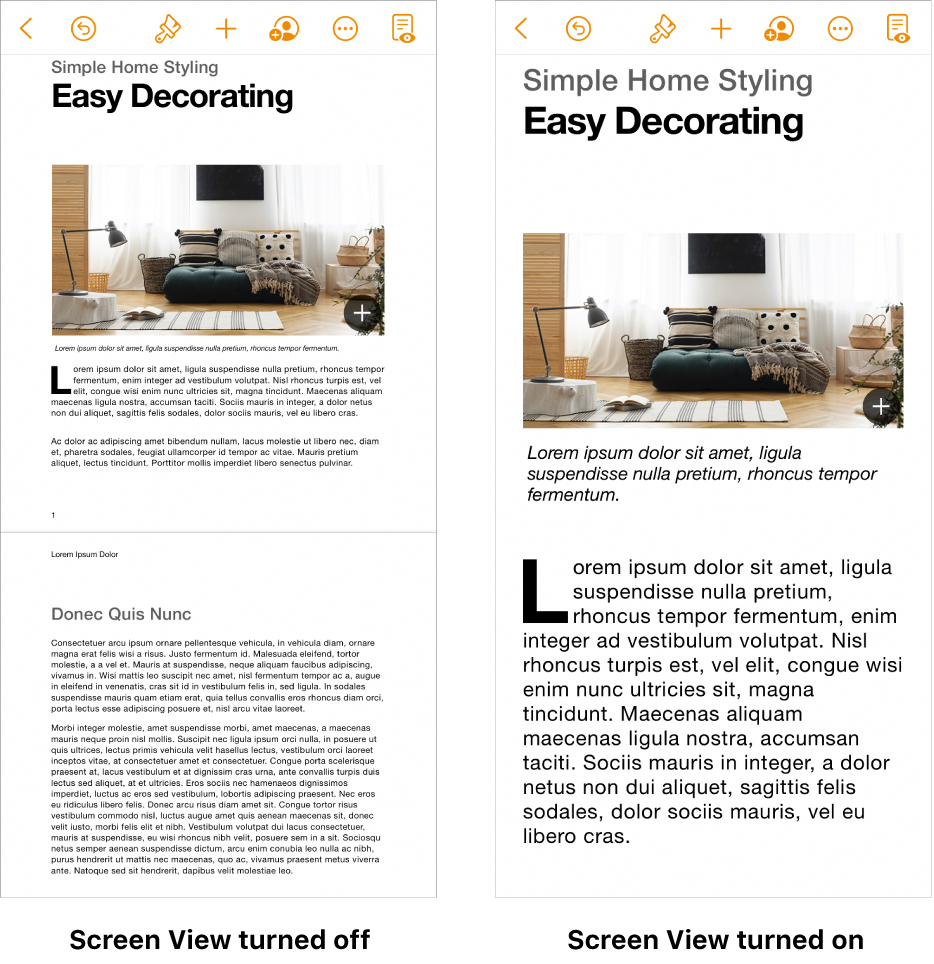 Two views of the same Pages document, one with Screen View turned on and one with Screen View turned off.
