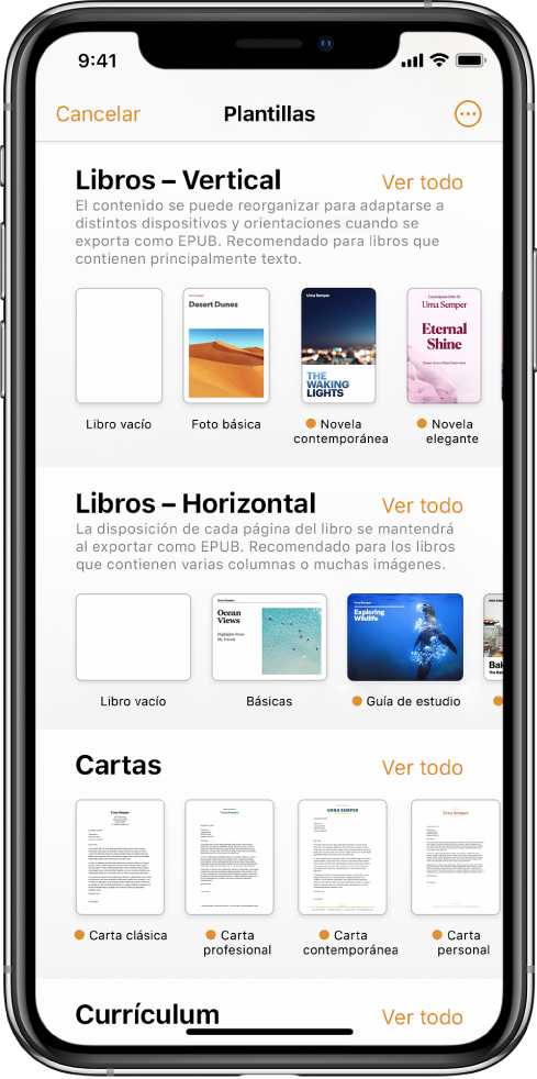 El selector de plantillas con plantillas de libros con orientación vertical en la parte superior, y horizontal en la parte inferior.