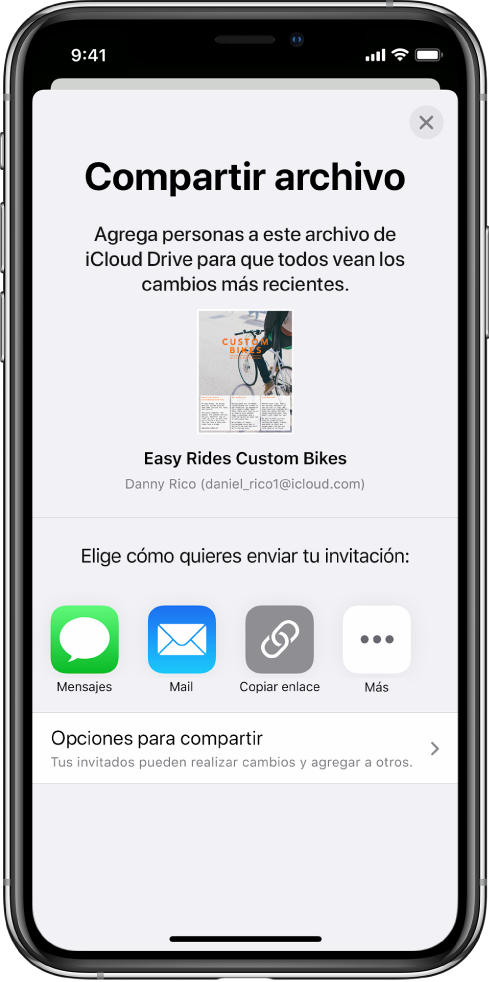 La pantalla “Agregar personas” mostrando una imagen del documento que se va a compartir. Debajo hay botones con las maneras en que se puede enviar la invitación; incluyendo Mensajes, Correo, “Copiar enlace” y más. En la parte inferior se encuentra el botón “Opciones para compartir”.