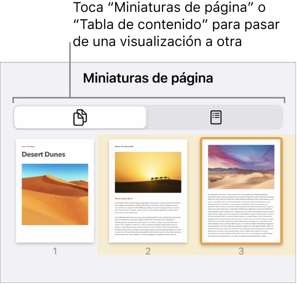 Visualización de miniaturas de página con imágenes en miniatura de cada página. Hay un botón “Miniaturas de página” y un botón de la tabla de contenido en la parte inferior de la pantalla.