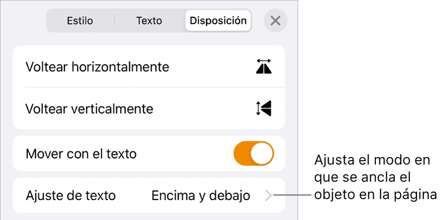 Los controles de disposición con las opciones “Mover con texto” y “Ajuste de texto”.