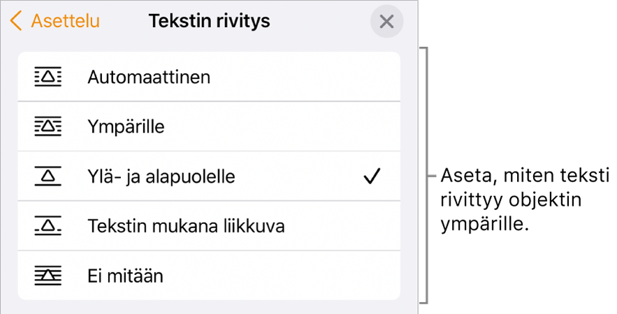 Tekstin rivitys -säätimet, joissa on Automaattinen, Ympärille, Ylä- ja alapuolelle, Tekstin mukana liikkuva ja Ei mitään.