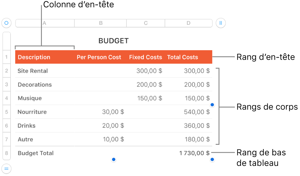 Tableau affichant des rangées et des colonnes d’en-tête, de corps et de bas de tableau.