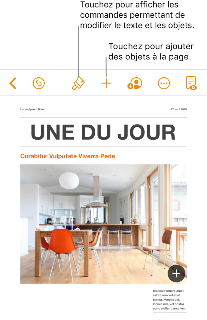 Un document Pages avec les boutons de la barre d’outils permettant d’ouvrir les commandes de format et d’ajout d’objets.