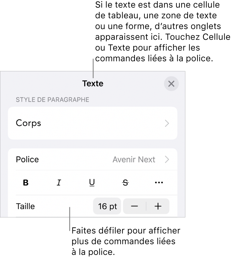 Commandes de texte du menu de format permettant de définir les styles, la police, la taille et la couleur des paragraphes et des caractères.