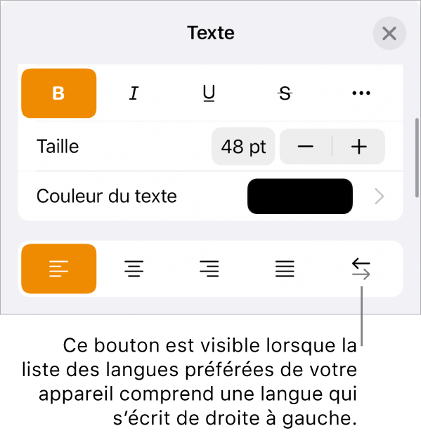 Commandes de texte du menu Format avec le bouton De droite à gauche accompagné d’une légende.