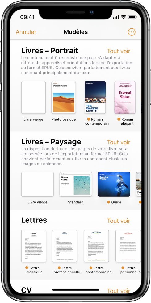 La liste de modèles avec les modèles de livre en orientation portrait en haut et en orientation paysage en dessous.