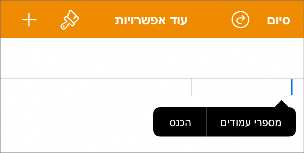 חלון ״הגדרת המסמך״ עם נקודת הכניסה בשדה של כותרת עליונה ותפריט קופצני עם שני פריטי תפריט: ״מספרי עמודים״ ו״הוסף״.