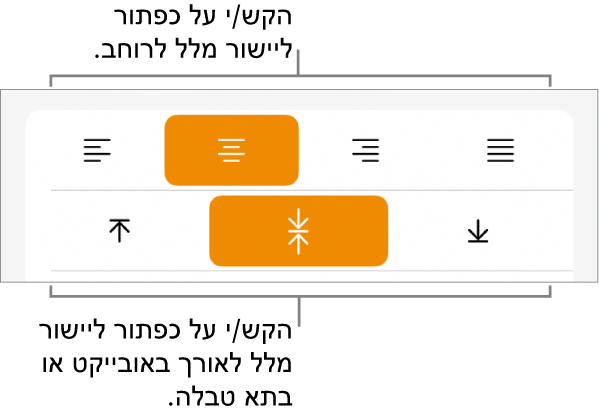 כפתורי יישור אופקי ואנכי עבור מלל.