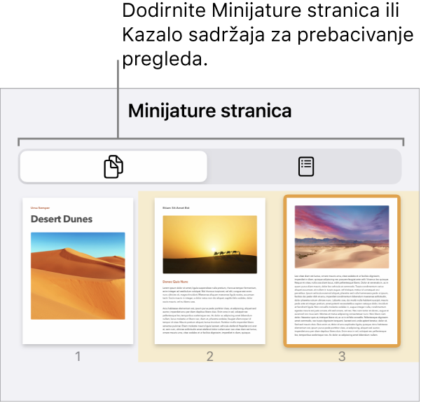 Prikaz minijatura stranica s minijaturnom slikom svake stranice. Tipka Minijature stranica i tipka Kazalo sadržaja na dnu zaslona.