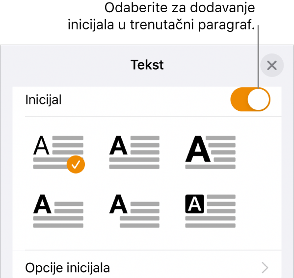 Kontrole opcija Inicijal koje se nalaze na dnu izbornika Tekst.