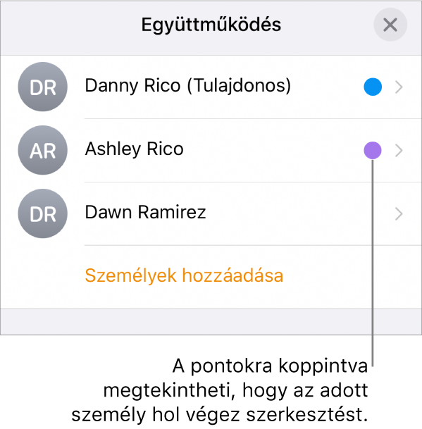 A résztvevők listája három résztvevővel és az egyes nevektől jobbra található eltérő színű ponttal.