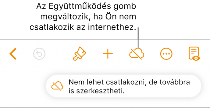 Gombok a képernyő tetején, amelyek közül az Együttműködés gomb egy áthúzott felhőre módosul. Figyelmeztetés a képernyőn: „Offline módban van, de folytathatja a szerkesztést”.