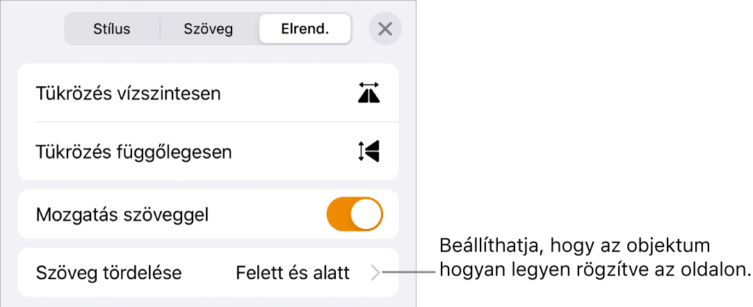 Az Elrendezés vezérlők a következőkkel: Mozgatás szöveggel és Szöveg tördelése.