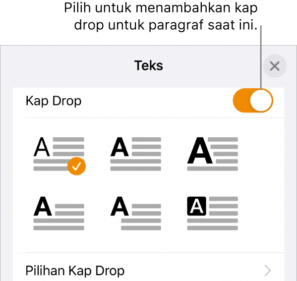 Kontrol Kap Drop terletak di bagian bawah menu Teks.