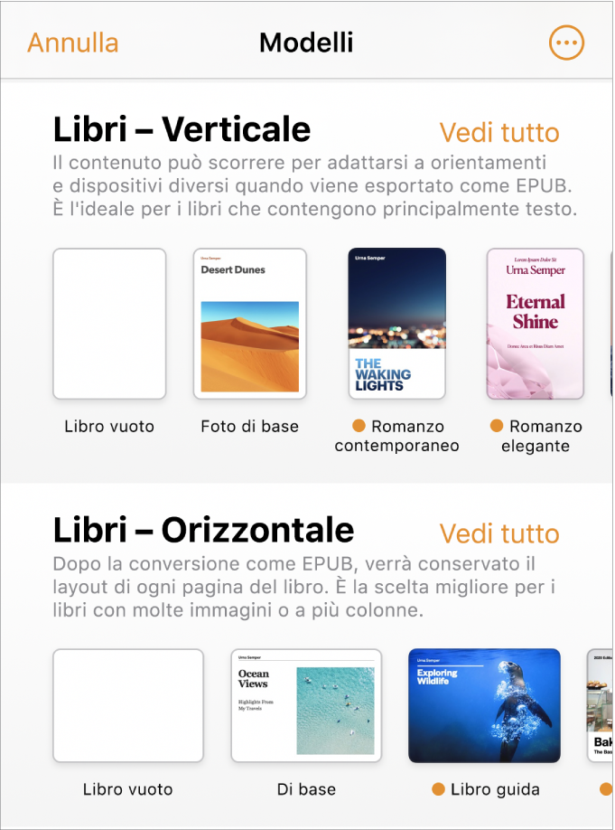 “Scelta modelli” con modelli per libri con orientamento verticale nella parte superiore e con orientamento orizzontale nella parte inferiore.