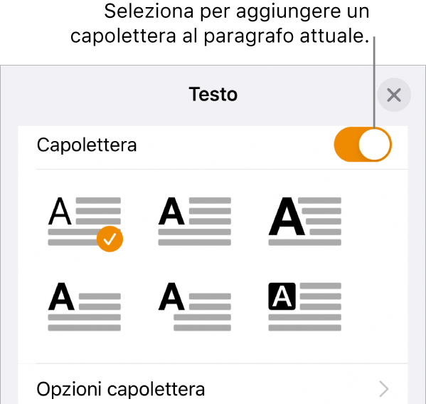 I controlli Capolettera situati nella parte inferiore del menu Testo.